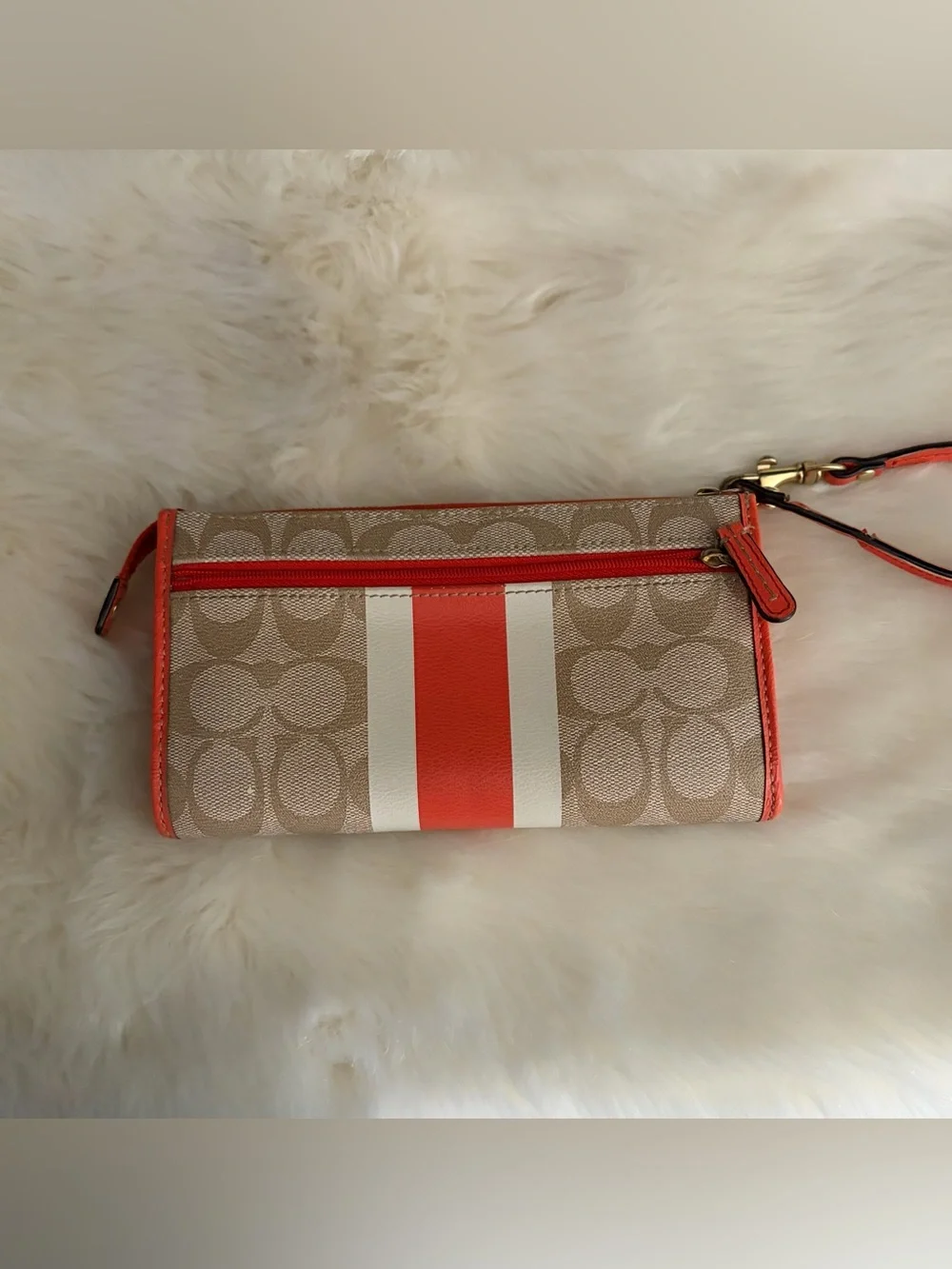Coach Beige Signature Wristlet with Orange and White Stripes- Authentic